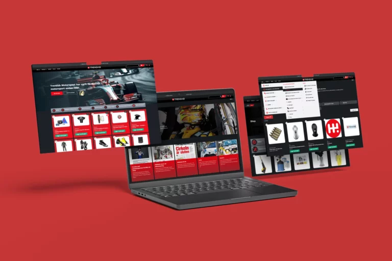 computer screen website screenshots on red background