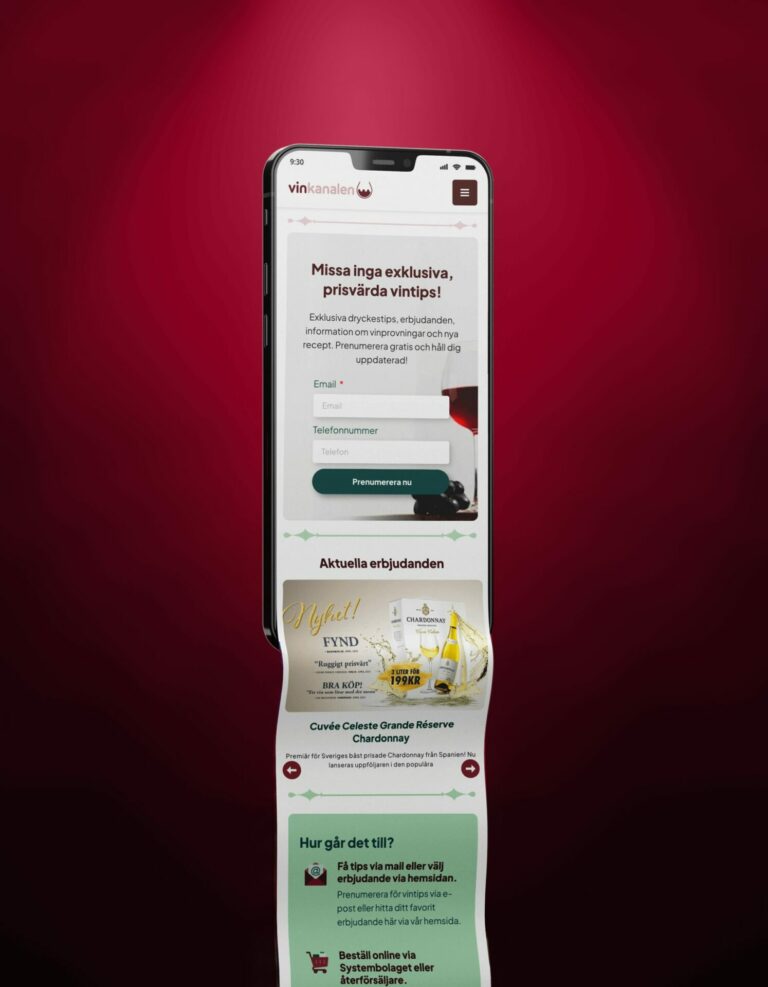 Mobilvy av Vinkanalen en vinapp med vinrekommendationer, menyer och vintips online.